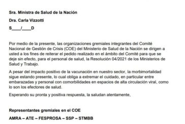 Hoy sindicatos que participan en el Coe Nacional se dirigieron a la ministra Carla Vizzotti pidiendo la derogación de la resolución 04 para el personal de salud.